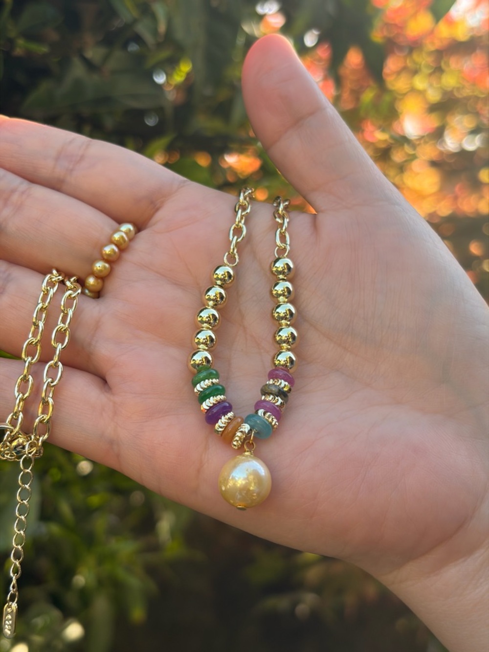 Gold Beaded Necklace with Multicolor Accent and Genuine Pearl Drop